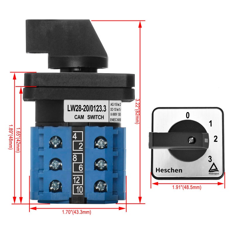 Heschen Universal Rotary Cam Selector Changeover Switch LW28-20/0123.3 660V 20A 4 Position 3 Phase 12 Terminals CE - Image 2